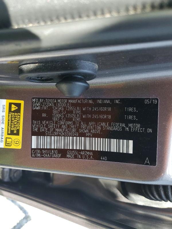 Aukcja sprzedaży 2019 Toyota Highlander, vin: 5TDJZRFH2KS599348, numer aukcji: 57586976