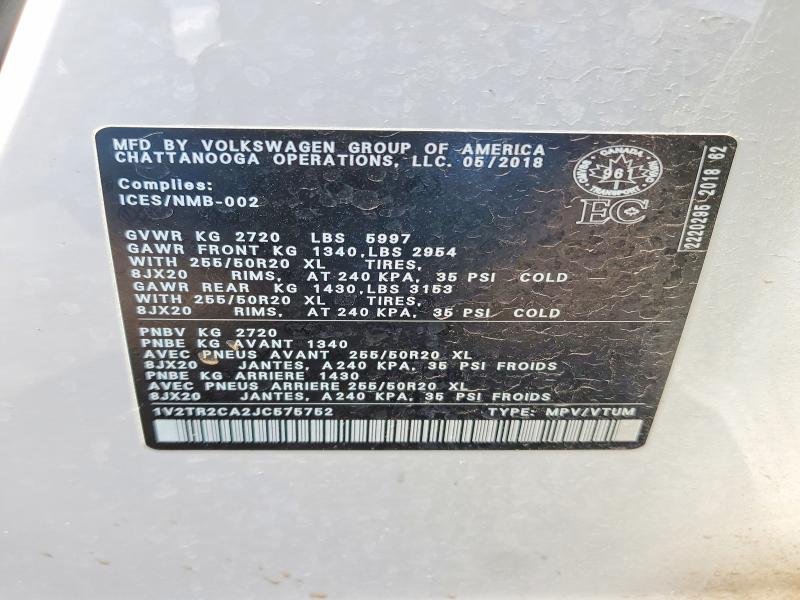 57953196 :رقم المزاد ، 1V2TR2CA2JC575752 vin ، 2018 Volkswagen Atlas مزاد بيع