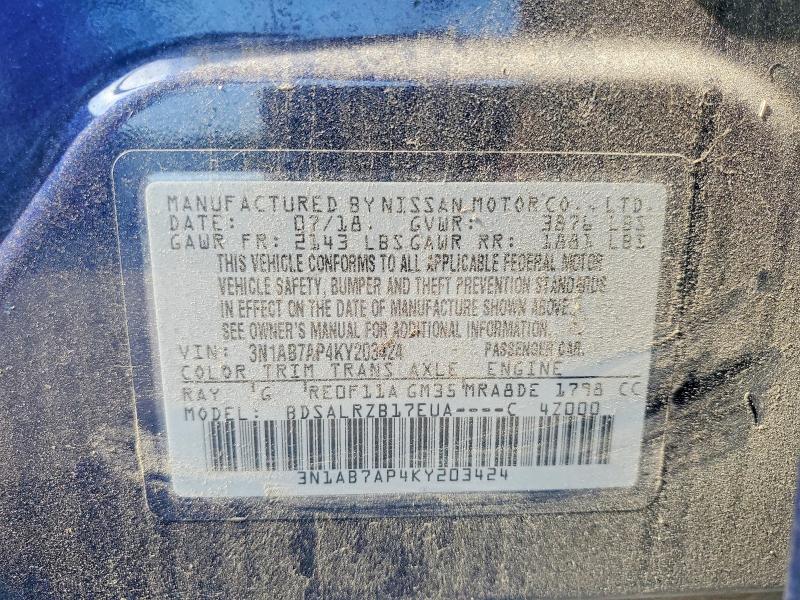 58956976 :رقم المزاد ، 3N1AB7AP4KY203424 vin ، 2019 Nissan Sentra مزاد بيع