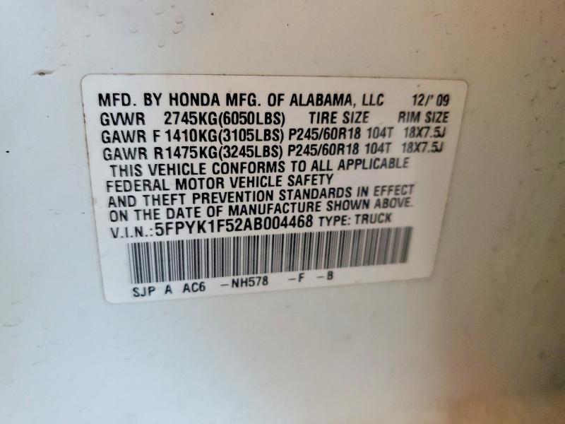 58013796 :رقم المزاد ، 5FPYK1F52AB004468 vin ، 2010 Honda Ridgeline مزاد بيع