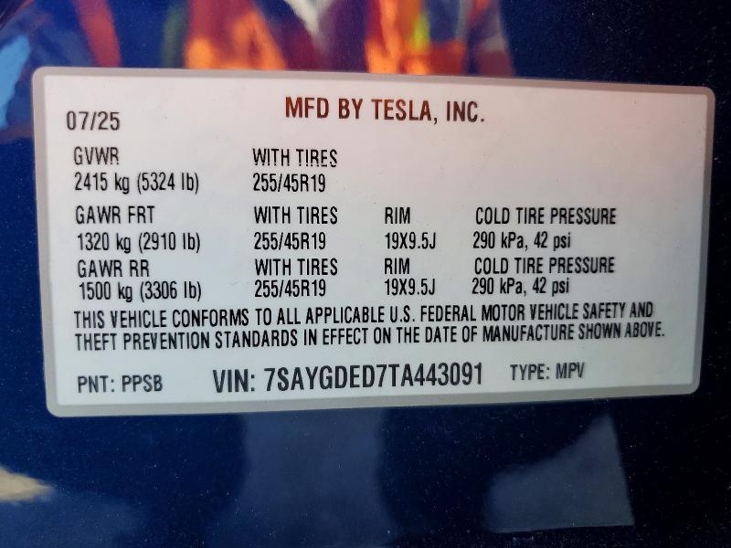 Aukcja sprzedaży 2026 Tesla Model Y, vin: 7SAYGDED7TA443091, numer aukcji: 58284786