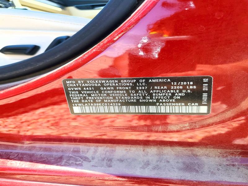 Продажа на аукционе авто 2019 Volkswagen Passat, vin: 1VWLA7A39KC014229, номер лота: 57607176