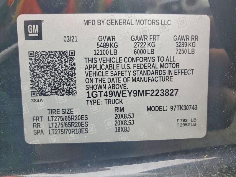 54146766 :رقم المزاد ، 1GT49WEY9MF223827 vin ، 2021 Gmc Sierra مزاد بيع
