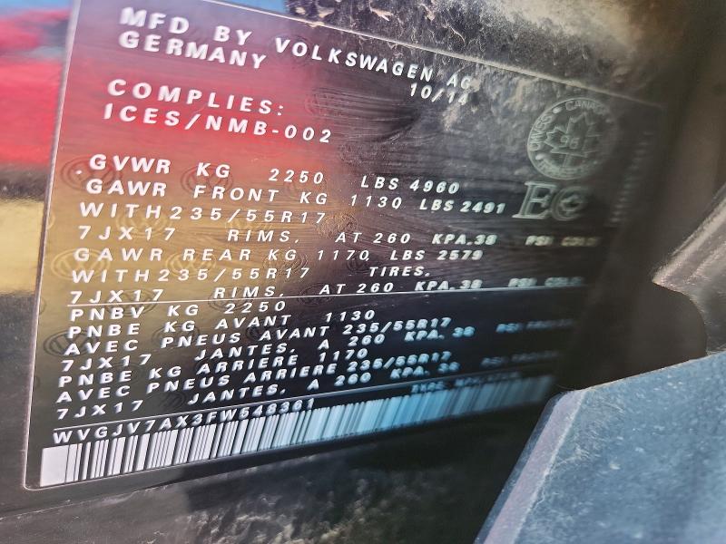 Aukcja sprzedaży 2015 Volkswagen Tiguan, vin: WVGJV7AX3FW548361, numer aukcji: 57836386