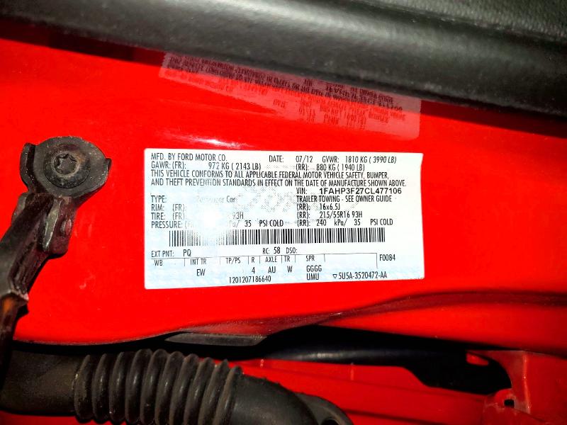 2012 Ford Focus 4d მანქანა იყიდება აუქციონზე, vin: 1FAHP3F27CL477106, აუქციონის ნომერი: 57043626