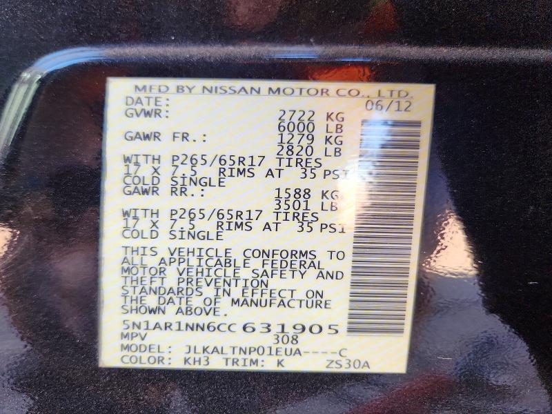 54893386 :رقم المزاد ، 5N1AR1NN6CC631905 vin ، 2012 Nissan Pathfinder مزاد بيع