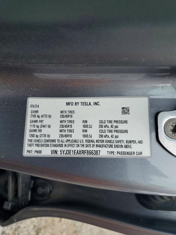 56697116 :رقم المزاد ، 5YJ3E1EAXRF866387 vin ، 2024 Tesla Model 3 مزاد بيع