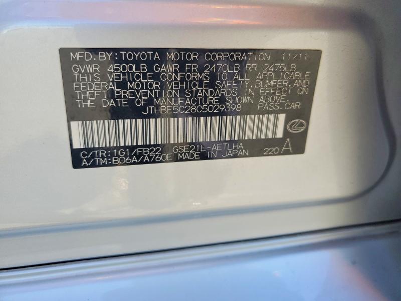 Aukcja sprzedaży 2012 Lexus Is, vin: JTHBE5C28C5029398, numer aukcji: 57369286