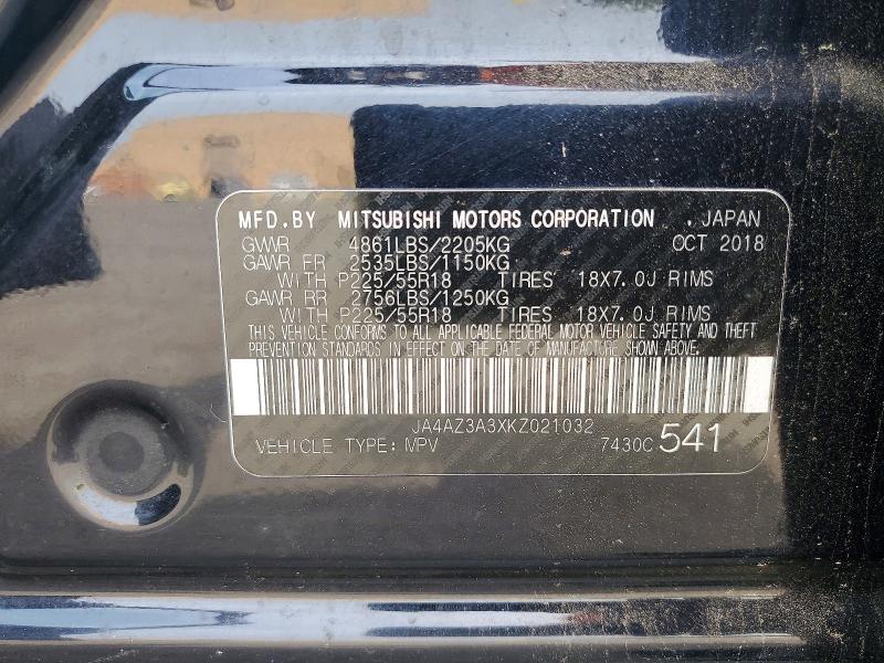 2019 Mitsubishi Outlander მანქანა იყიდება აუქციონზე, vin: JA4AZ3A3XKZ021032, აუქციონის ნომერი: 56506896