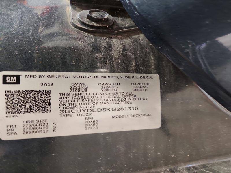 Aukcja sprzedaży 2019 Chevrolet Silverado, vin: 3GCUYDED8KG281315, numer aukcji: 57917606