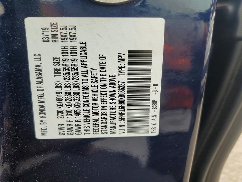 Aukcja sprzedaży 2019 Honda Odyssey, vin: 5FNRL6H90KB086337, numer aukcji: 55626246