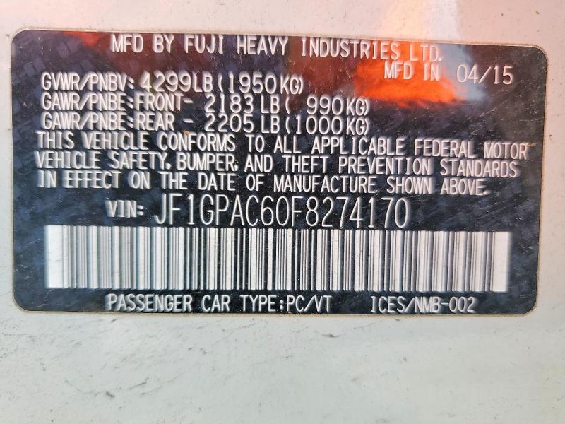 Aukcja sprzedaży 2015 Subaru Impreza, vin: JF1GPAC60F8274170, numer aukcji: 58043886