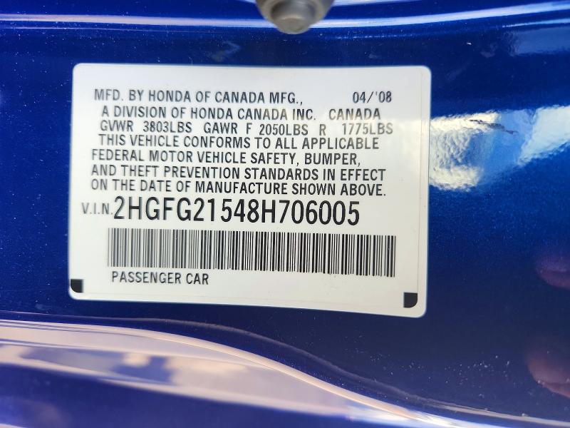57259356 :رقم المزاد ، 2HGFG21548H706005 vin ، 2008 Honda Civic مزاد بيع