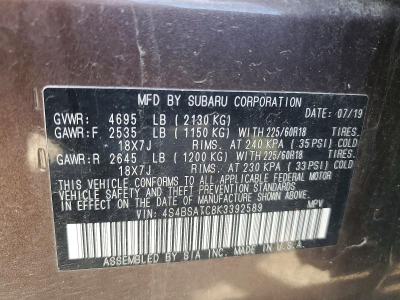 Продажа на аукционе авто 2019 Subaru Outback, vin: 4S4BSATC8K3392589, номер лота: 57273106