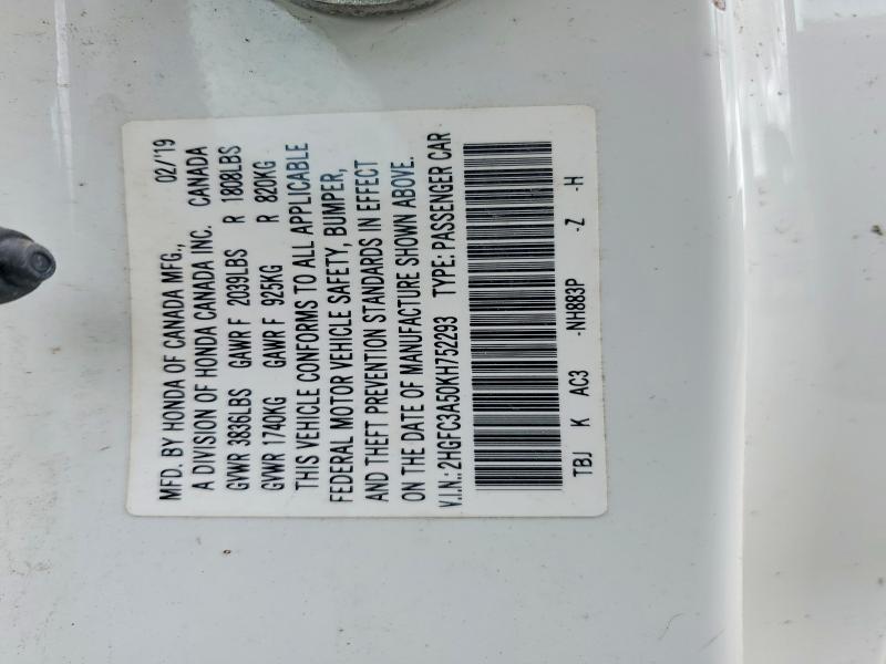 Продажа на аукционе авто 2019 Honda Civic, vin: 2HGFC3A50KH752293, номер лота: 57329286