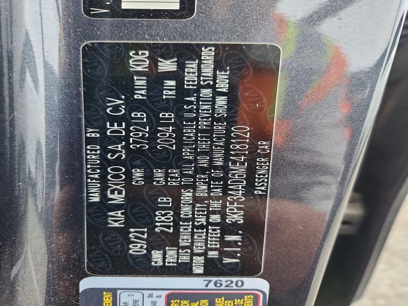 55992406 :رقم المزاد ، 3KPF34AD6ME418120 vin ، 2021 Kia Forte مزاد بيع