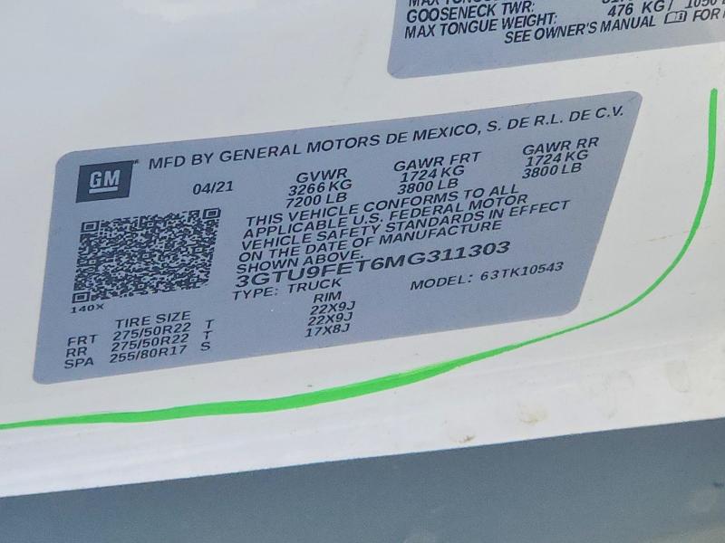 Aukcja sprzedaży 2021 Gmc Sierra, vin: 3GTU9FET6MG311303, numer aukcji: 57884896