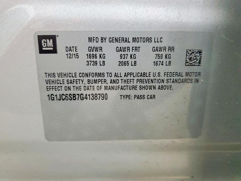 59155566 :رقم المزاد ، 1G1JC6SB7G4138790 vin ، 2016 Chevrolet Sonic مزاد بيع