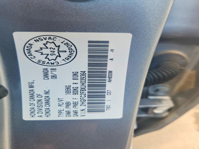 57873476 :رقم المزاد ، 2HGFC2F8XJH039364 vin ، 2018 Honda Civic مزاد بيع