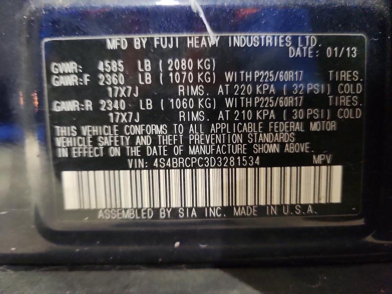 2013 Subaru Outback მანქანა იყიდება აუქციონზე, vin: 4S4BRCPC3D3281534, აუქციონის ნომერი: 57636086
