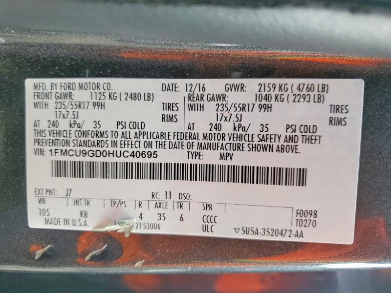 Aukcja sprzedaży 2017 Ford Escape, vin: 1FMCU9GD0HUC40695, numer aukcji: 58053206
