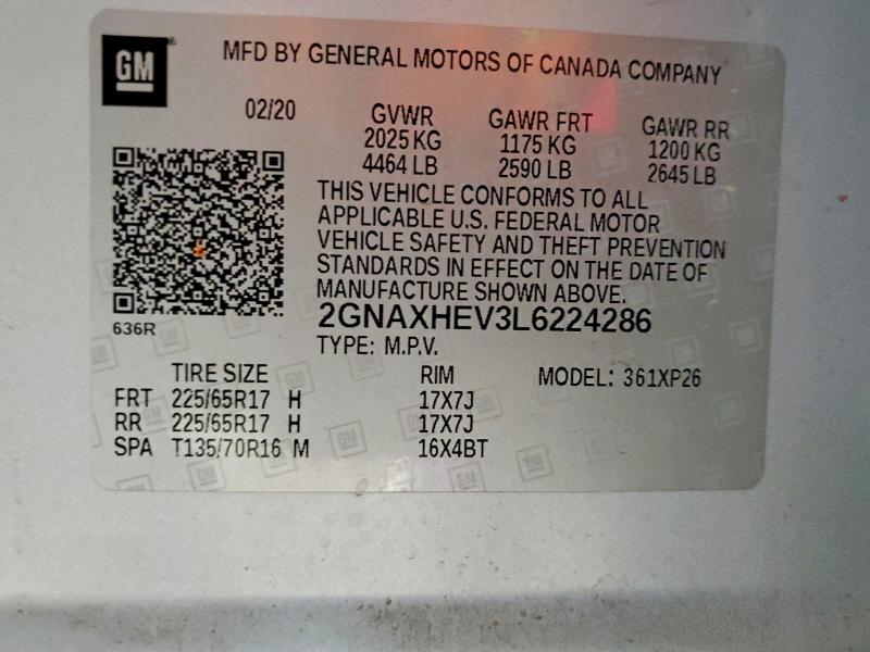 Продаж на аукціоні авто 2020 Chevrolet Equinox, vin: 2GNAXHEV3L6224286, номер лоту: 55860796