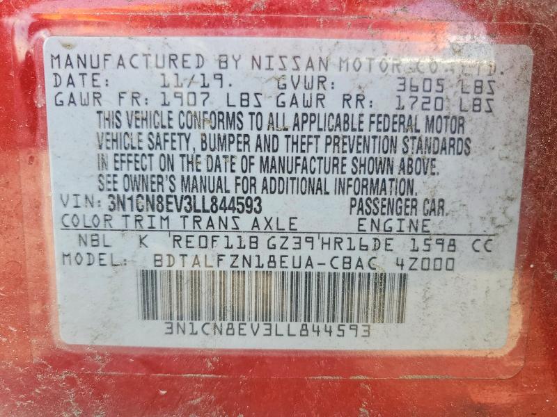 2020 Nissan Versa მანქანა იყიდება აუქციონზე, vin: 3N1CN8EV3LL844593, აუქციონის ნომერი: 58293146