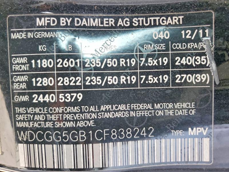 2012 Mercedes-benz Glk მანქანა იყიდება აუქციონზე, vin: WDCGG5GB1CF838242, აუქციონის ნომერი: 56851586