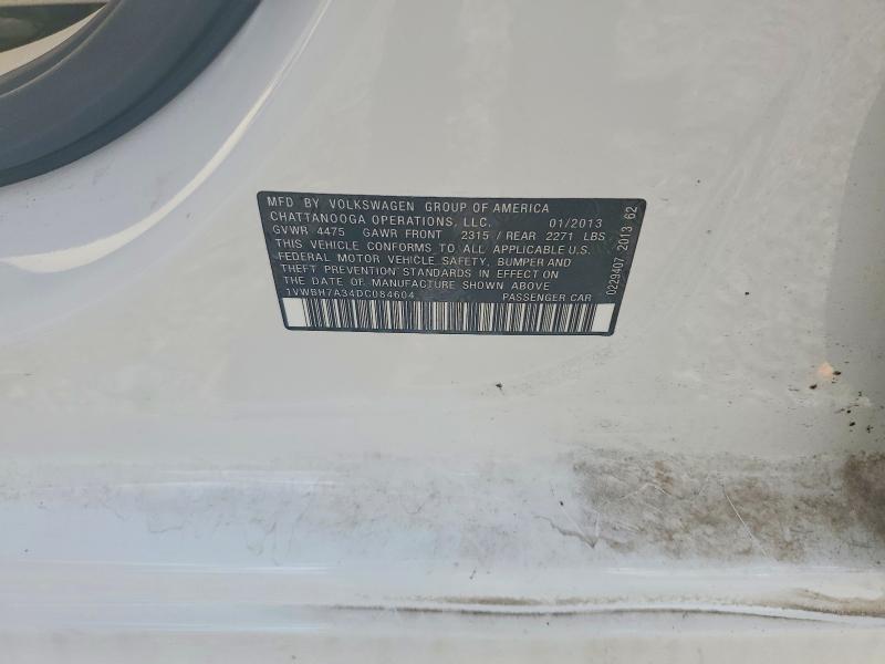 54792816 :رقم المزاد ، 1VWBH7A34DC084604 vin ، 2013 Volkswagen Passat مزاد بيع