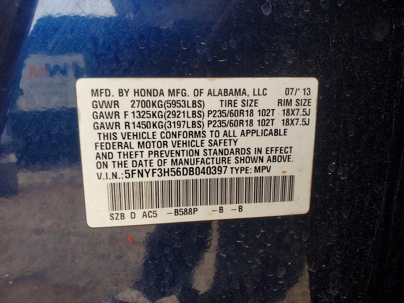 Продаж на аукціоні авто 2013 Honda Pilot, vin: 5FNYF3H56DB040397, номер лоту: 56650226