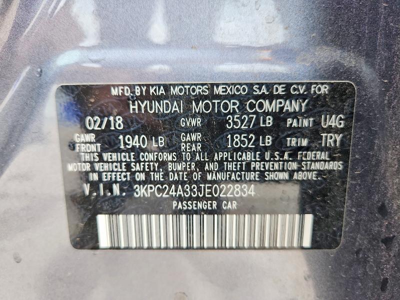 55760276 :رقم المزاد ، 3KPC24A33JE022834 vin ، 2018 Hyundai Accent مزاد بيع