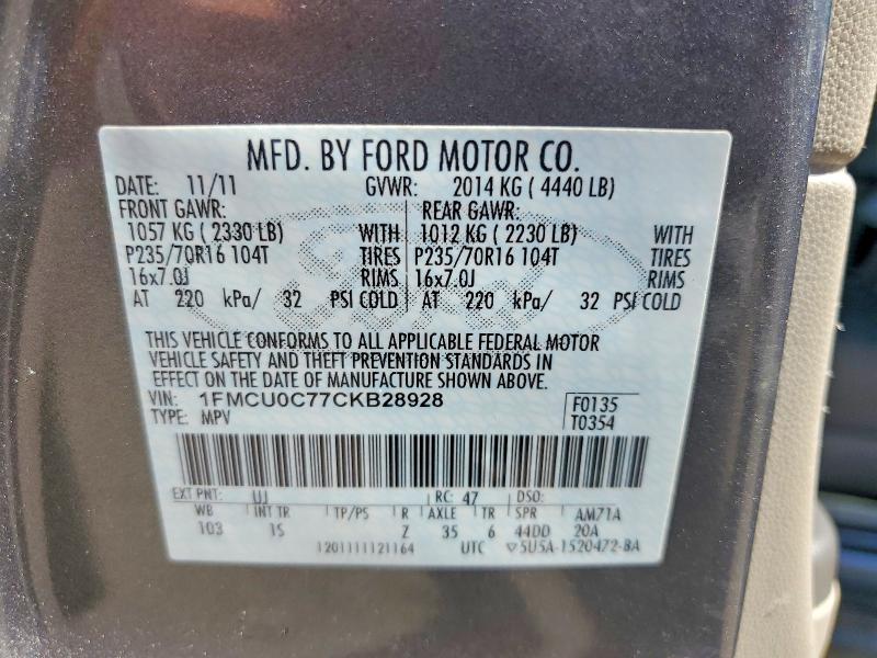 Продажа на аукционе авто 2012 Ford Escape, vin: 1FMCU0C77CKB28928, номер лота: 58553036
