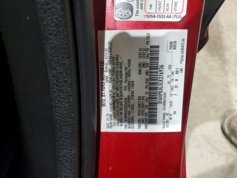 2012 Ford Fusion მანქანა იყიდება აუქციონზე, vin: 3FAHP0JG3CR276936, აუქციონის ნომერი: 56752186
