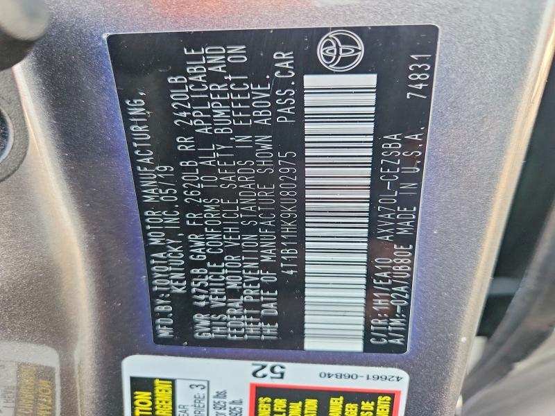 56961826 :رقم المزاد ، 4T1B11HK9KU802975 vin ، 2019 Toyota Camry مزاد بيع