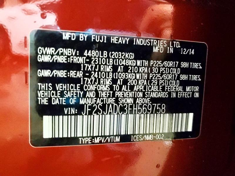 2015 Subaru Forester მანქანა იყიდება აუქციონზე, vin: JF2SJADC3FH569758, აუქციონის ნომერი: 57135636