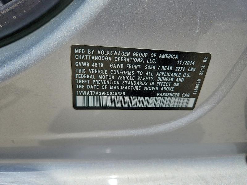 56123436 :رقم المزاد ، 1VWAT7A39FC045388 vin ، 2015 Volkswagen Passat مزاد بيع