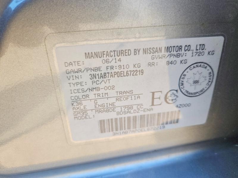 Aukcja sprzedaży 2014 Nissan Sentra, vin: 3N1AB7AP0EL672219, numer aukcji: 57011956