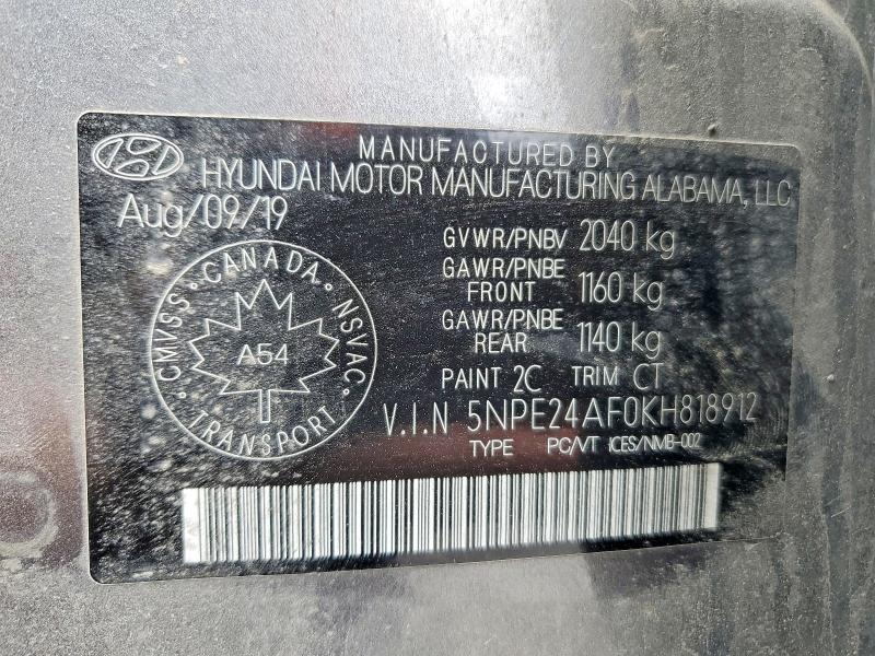 2019 Hyundai Sonata მანქანა იყიდება აუქციონზე, vin: 5NPE24AF0KH818912, აუქციონის ნომერი: 57062316