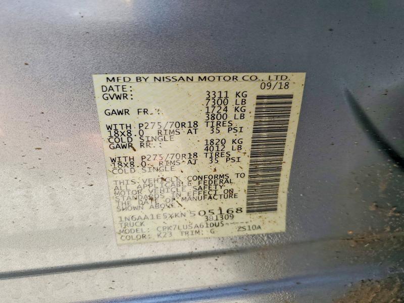 58313746 :رقم المزاد ، 1N6AA1E5XKN505168 vin ، 2019 Nissan Titan مزاد بيع