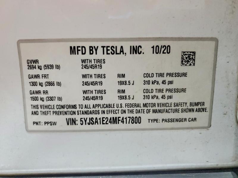 Aukcja sprzedaży 2021 Tesla Model S, vin: 5YJSA1E24MF417800, numer aukcji: 59241786