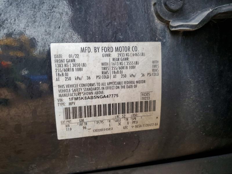 2022 Ford Explorer მანქანა იყიდება აუქციონზე, vin: 1FM5K8AB5NGA47775, აუქციონის ნომერი: 56330196
