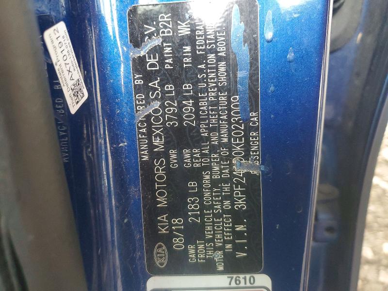 2019 Kia Forte მანქანა იყიდება აუქციონზე, vin: 3KPF24AD0KE023009, აუქციონის ნომერი: 55750266