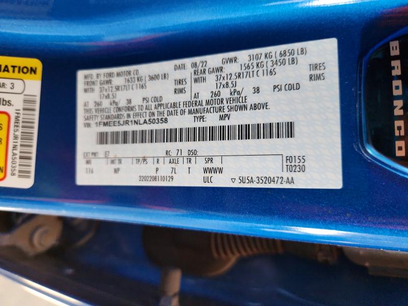 2022 Ford Bronco მანქანა იყიდება აუქციონზე, vin: 1FMEE5JR1NLA50358, აუქციონის ნომერი: 57870296