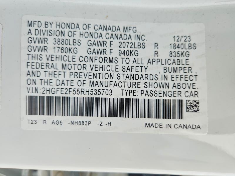 Aukcja sprzedaży 2024 Honda Civic, vin: 2HGFE2F55RH535703, numer aukcji: 58987846