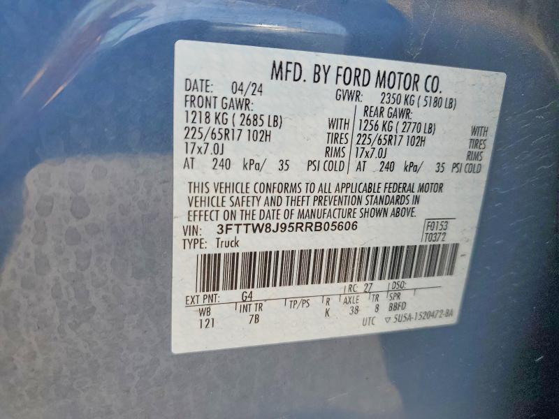 2024 Ford Maverick მანქანა იყიდება აუქციონზე, vin: 3FTTW8J95RRB05606, აუქციონის ნომერი: 56236996