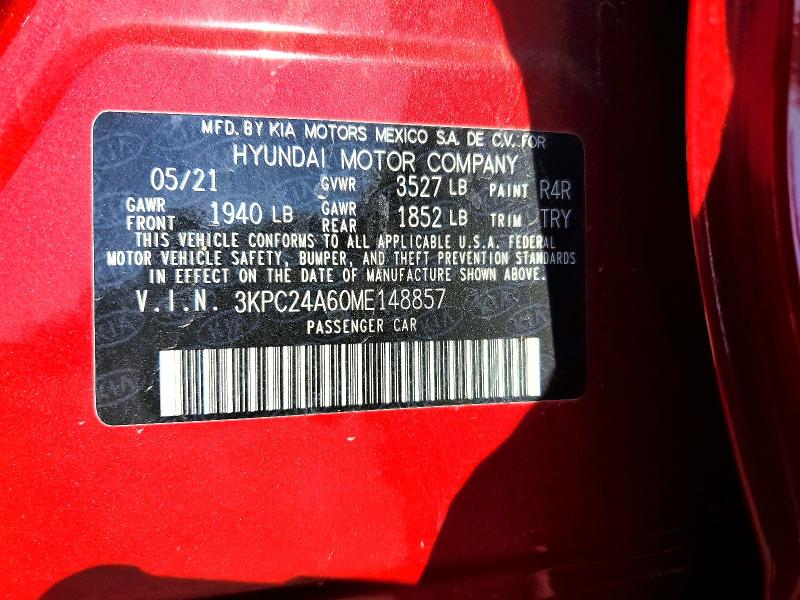 2021 Hyundai Accent მანქანა იყიდება აუქციონზე, vin: 3KPC24A60ME148857, აუქციონის ნომერი: 56228746