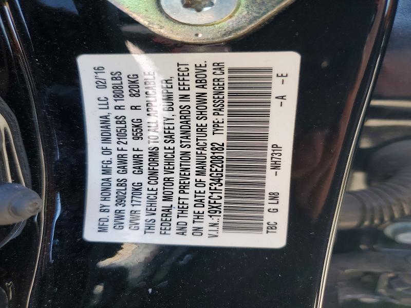 Aukcja sprzedaży 2016 Honda Civic, vin: 19XFC1F34GE208182, numer aukcji: 59151886