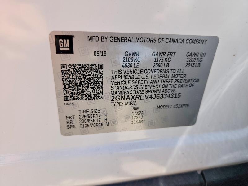 56600706 :رقم المزاد ، 2GNAXREV4J6334315 vin ، 2018 Chevrolet Equinox مزاد بيع