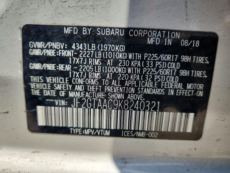 55800696 :رقم المزاد ، JF2GTAAC9K8240321 vin ، 2019 Subaru Crosstrek مزاد بيع