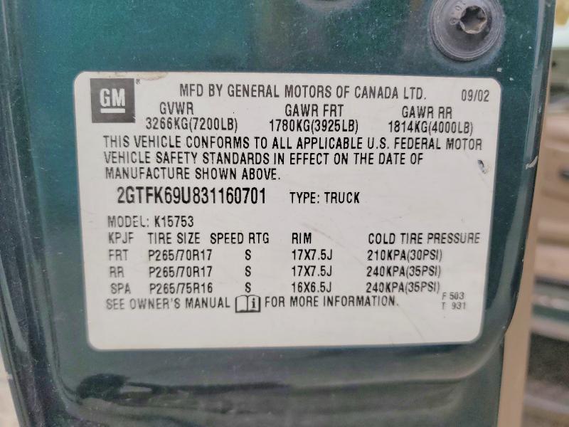 Aukcja sprzedaży 2003 Gmc Sierra, vin: 2GTFK69U831160701, numer aukcji: 57584786